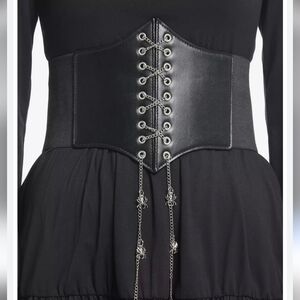 Hot Topic Black Corset Waist Belt with Silver Spider Chain Detail